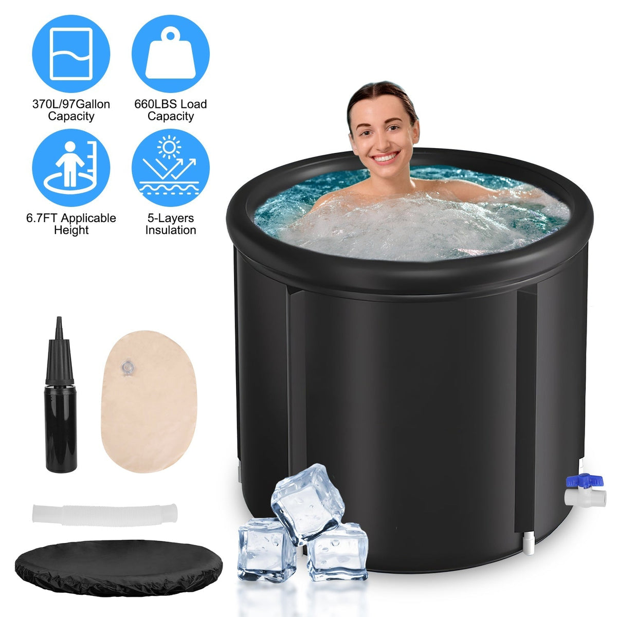 97Gal Large Size Ice BathTub with Cover for Adults Athletes Recovery Cold Water Therapy Outdoor Portable Cold Plunge Tub 660LBS Load Capacity 33.46x29