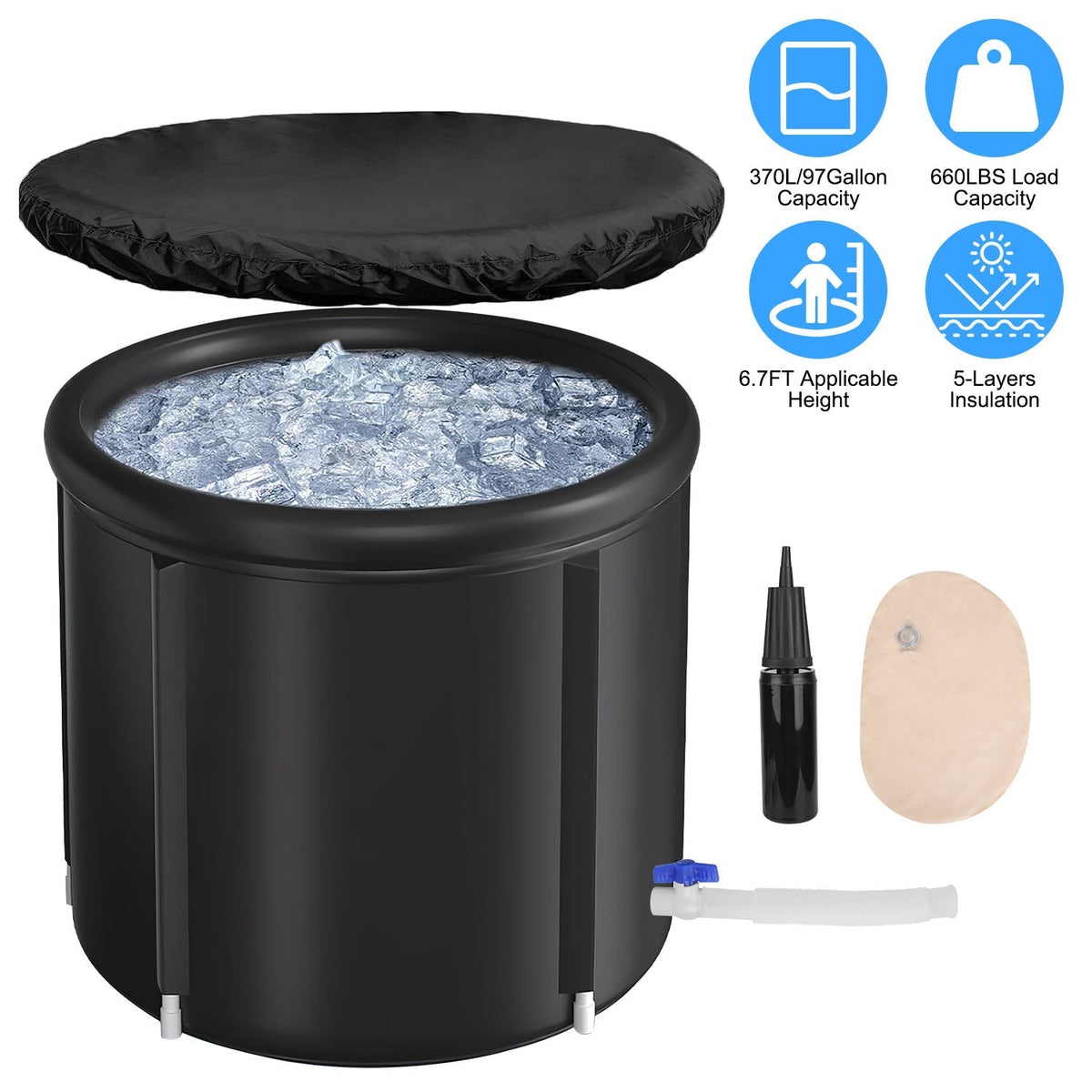 97Gal Large Size Ice BathTub with Cover for Adults Athletes Recovery Cold Water Therapy Outdoor Portable Cold Plunge Tub 660LBS Load Capacity 33.46x29