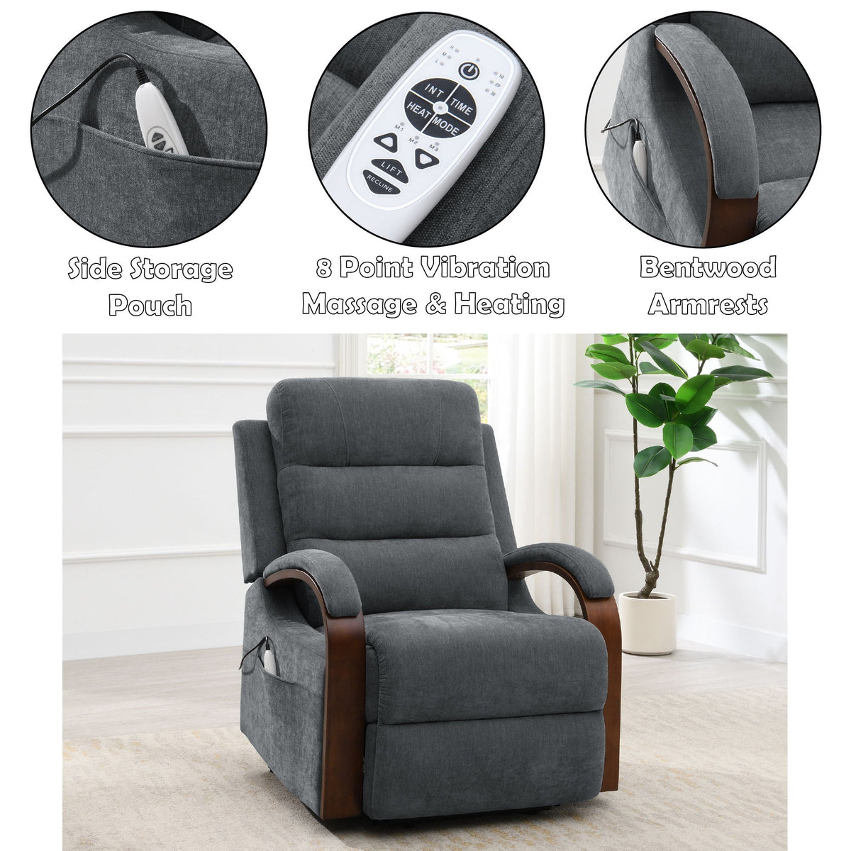 Kayla - Power Recliner With Lift & Heating & Massage (Zero Gravity) - Gray