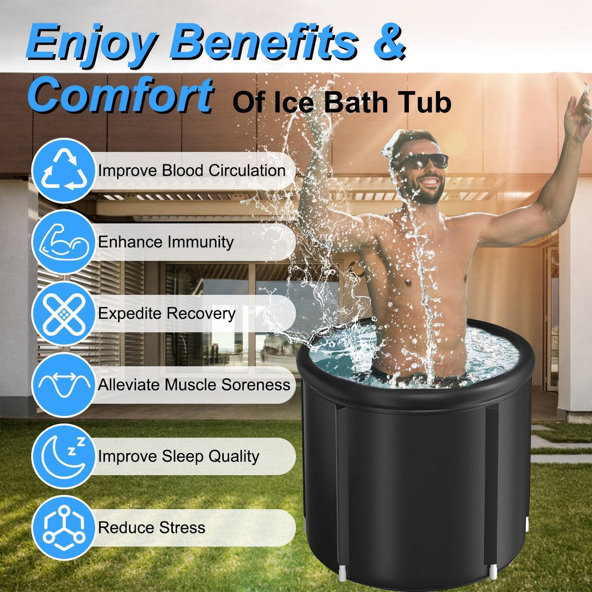 97Gal Large Size Ice BathTub with Cover for Adults Athletes Recovery Cold Water Therapy Outdoor Portable Cold Plunge Tub 660LBS Load Capacity 33.46x29