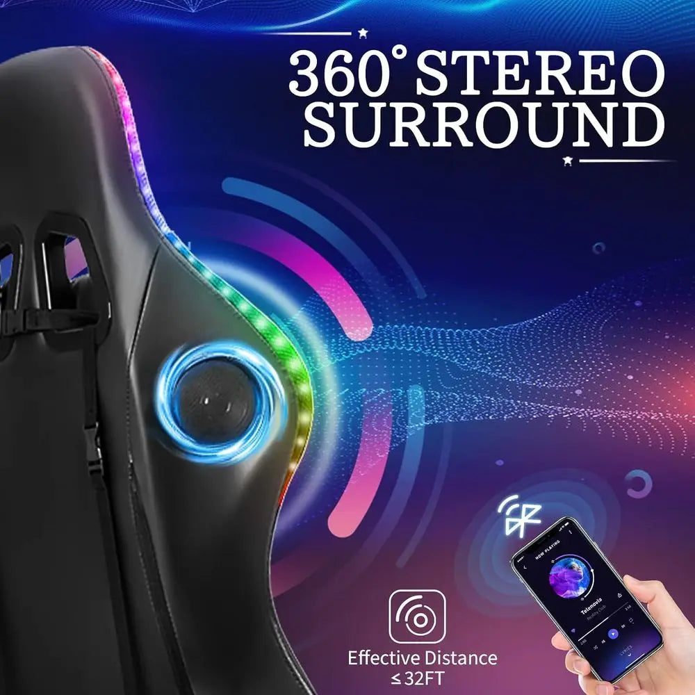 RGB Gaming Chair with Speakers LED Lights Massage Computer Chair-Blue+Black | Bluetooth Video Game Chair Reclining Gamer Chair w